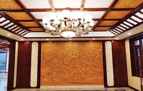 顺义中式别墅客厅中式木作横梁吊顶装饰展示